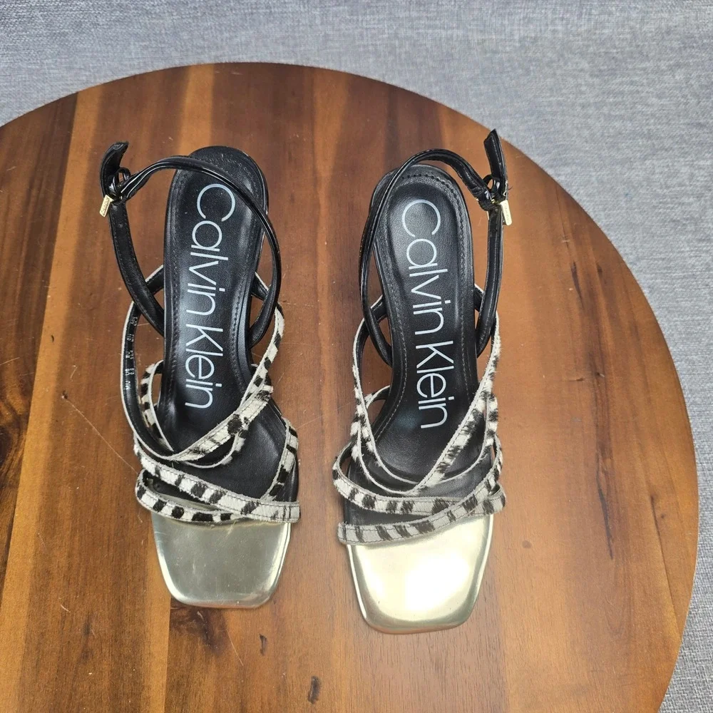 Calvin Klein Zebra Print Strappy Sandals Gold Square Toe Stiletto Heels 34E00014